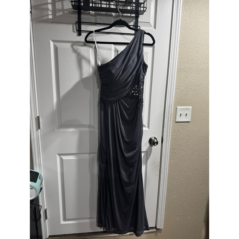 Celebrate DB Studio Womens One Shoulder Ruched Lace Side Gown Charcoal Grey 8
